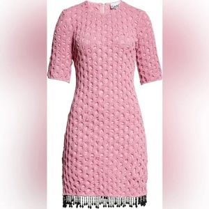 Ganni Smocked Satin Short Sleeve Pink Dress SZ 12